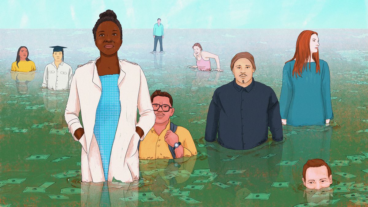 A diverse group of people are pictured at varying levels of underwater in this illustration about student debt.