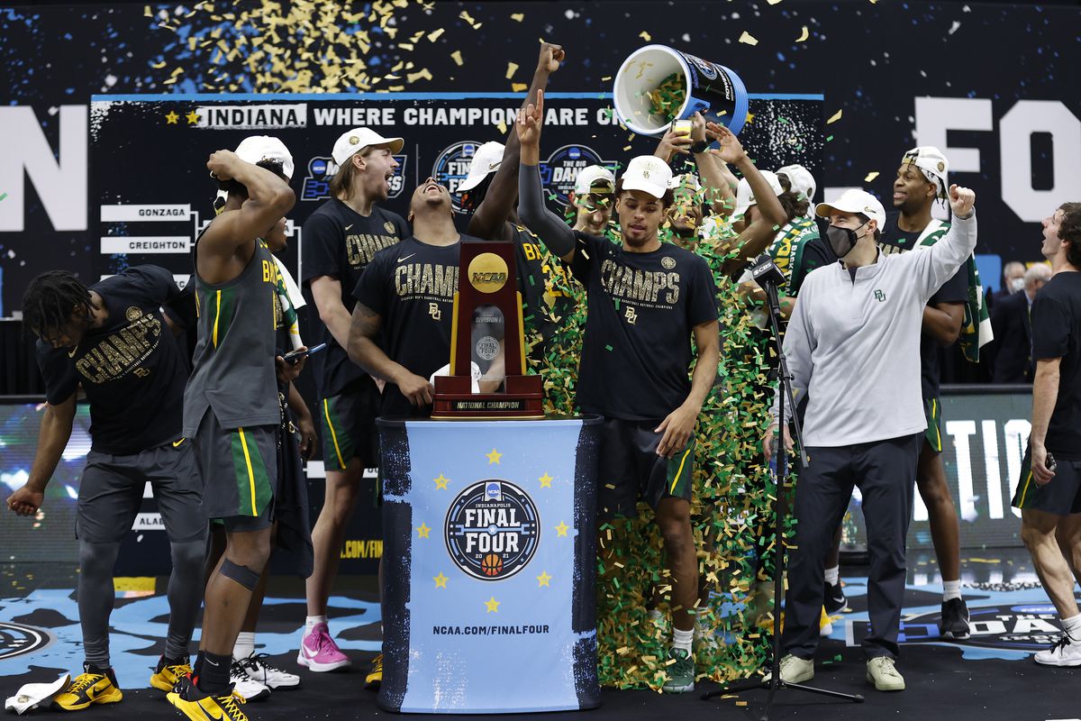 The Baylor Bears celebrate with the trophy after defeating the Gonzaga Bulldogs 86-70 in the National Championship game of the 2021 NCAA Men’s Basketball Tournament at Lucas Oil Stadium on April 05, 2021 in Indianapolis, Indiana.