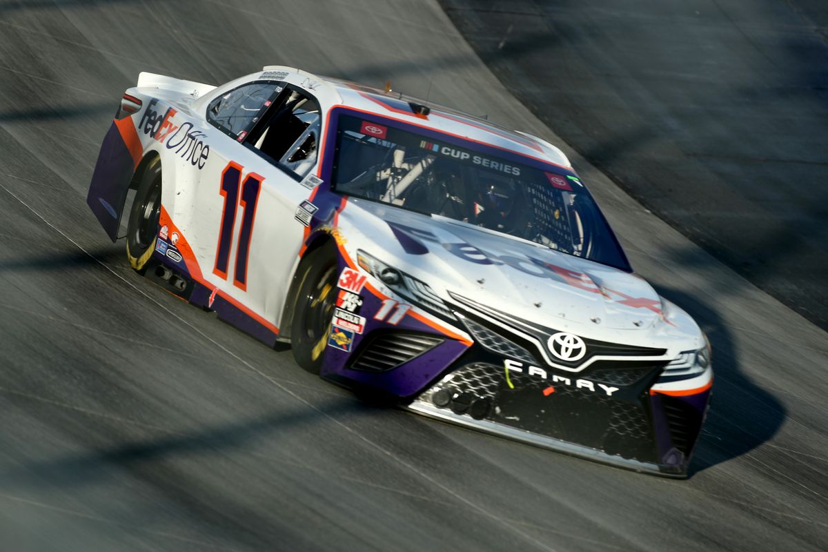 Denny Hamlin, driver of the #11 FedEx Office Toyota, drives during the NASCAR Cup Series Drydene 311 at Dover International Speedway on August 23, 2020 in Dover, Delaware.