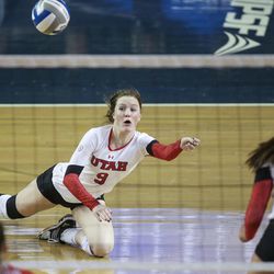 Utah libero Megan Shughrou (9) digs in an NCAA first round match against UNLV at Smith Fieldhouse in Provo on Friday, Dec. 2, 2016.