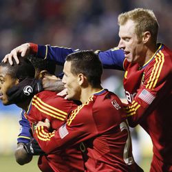 Real Salt Lake's Chris Schuler  (28)  celebrates his goal against Portland as they play in the Western Conference finals in Sandy  Sunday, Nov. 10, 2013. 