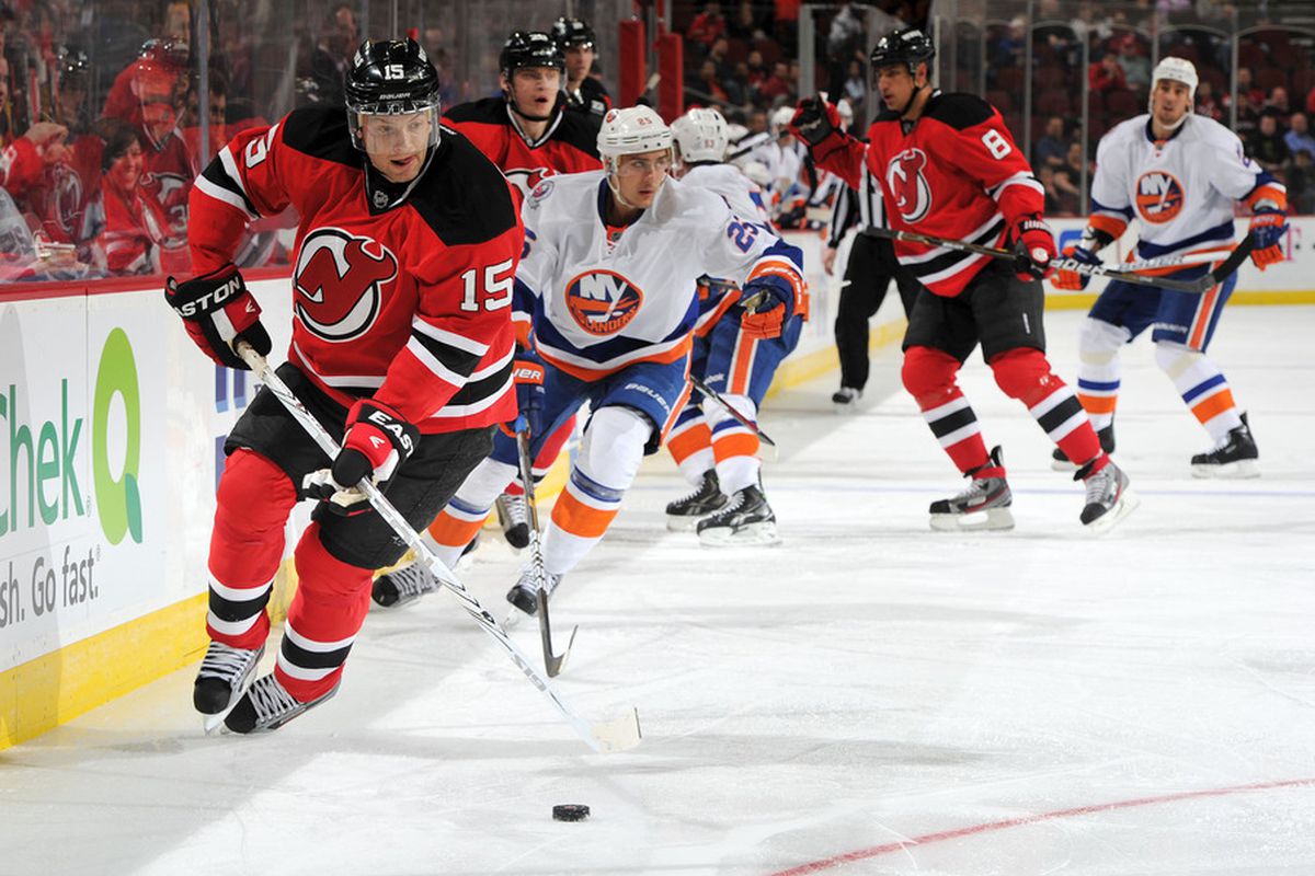 NEWARK, NJ - MARCH 08:  Petr Sykora #15 of the New Jersey Devils controls the puck during the game against the New York Islanders on March 8, 2012 at the Prudential Center in Newark, New Jersey. (Photo by Christopher Pasatieri/Getty Images)