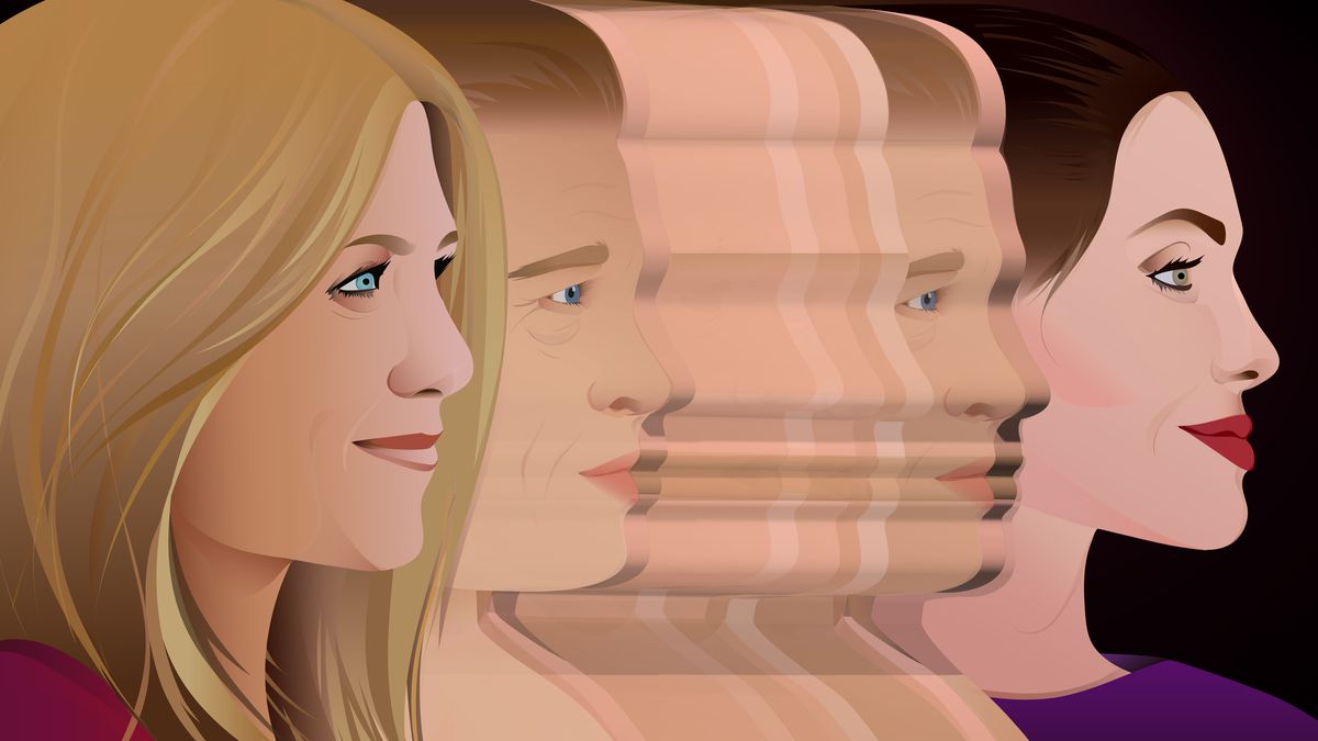 Three profiles stare toward the right on a dark background. On the left is Jennifer Aniston. On the right is Angelina Jolie. In between them Brad Pitt forms a ghostly blur.