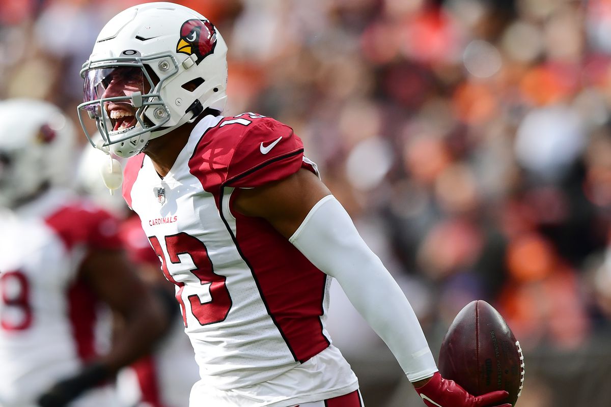 Christian Kirk #13 of the Arizona Cardinals celebrates his touchdown during a game against the Cleveland Browns at FirstEnergy Stadium on October 17, 2021 in Cleveland, Ohio.