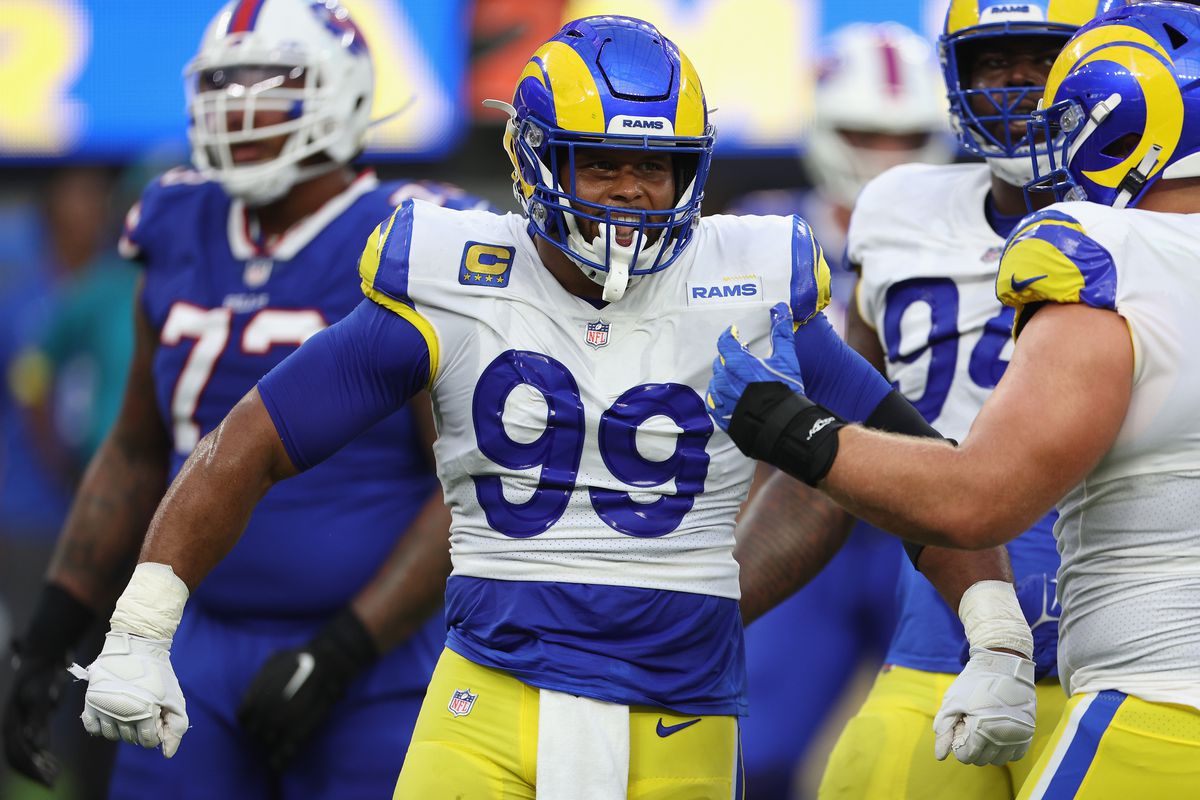 INGLEWOOD, CALIFORNIA - SEPTEMBER 08: Defensive tackle Aaron Donald #99 of the Los Angeles Rams reacts after a sack against the Buffalo Bills during the first quarter of the NFL game at SoFi Stadium on September 08, 2022 in Inglewood, California.