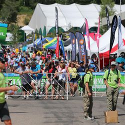 Fans gather prior to riders arriving in the Tour of Utah cycling race for the finish of Stage 6 at Snowbird Saturday, Aug. 5, 2017.