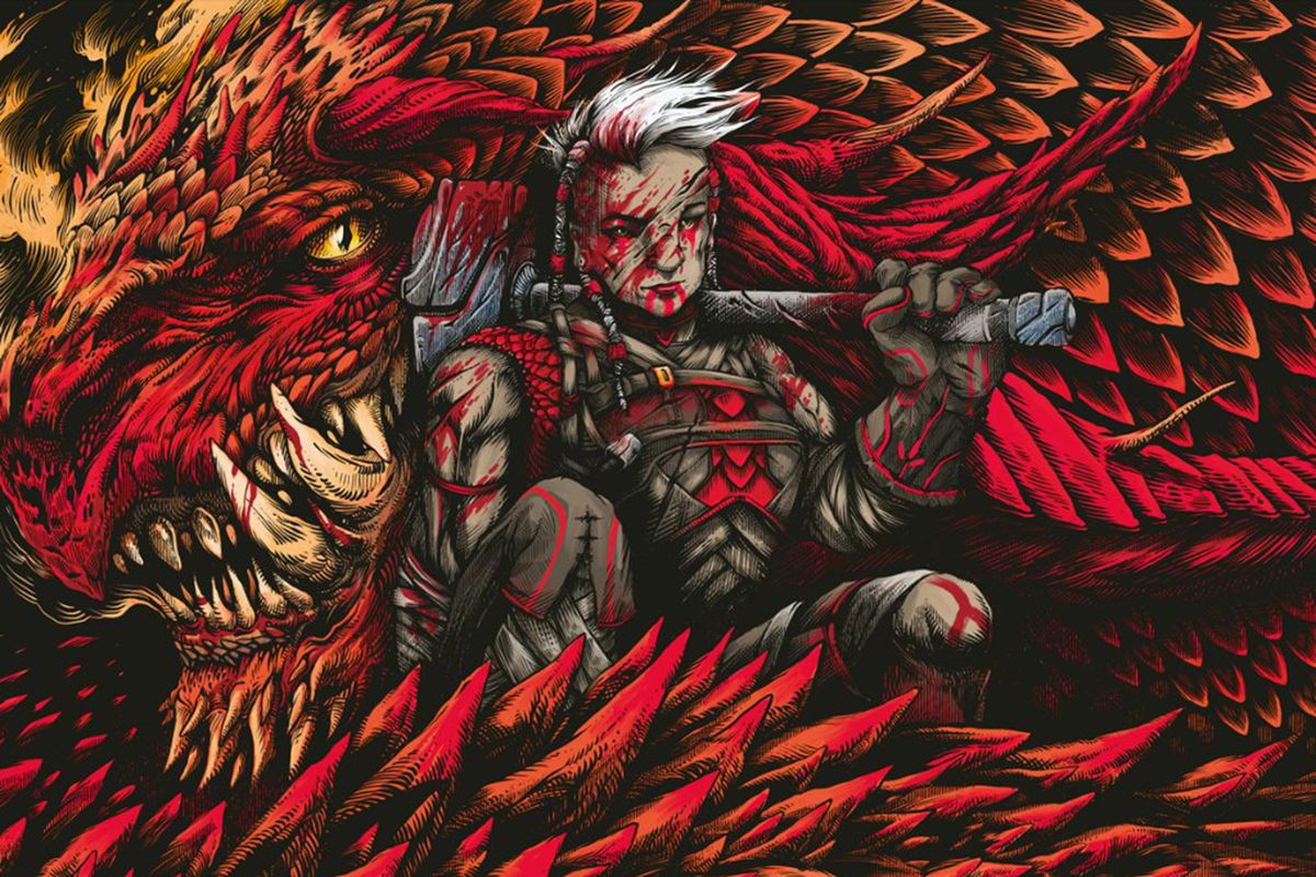 A woman with a shock or white hair stand bloodied with an axe over her shoulder. Filling the frame is the red dragon coiled around her.