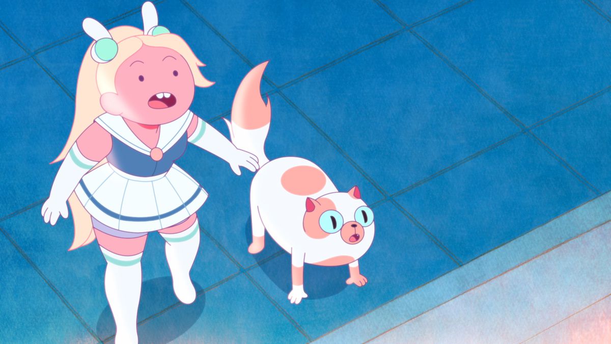 Fionna wears a Sailor Moon-inspired outfit, Cake the cat at her side