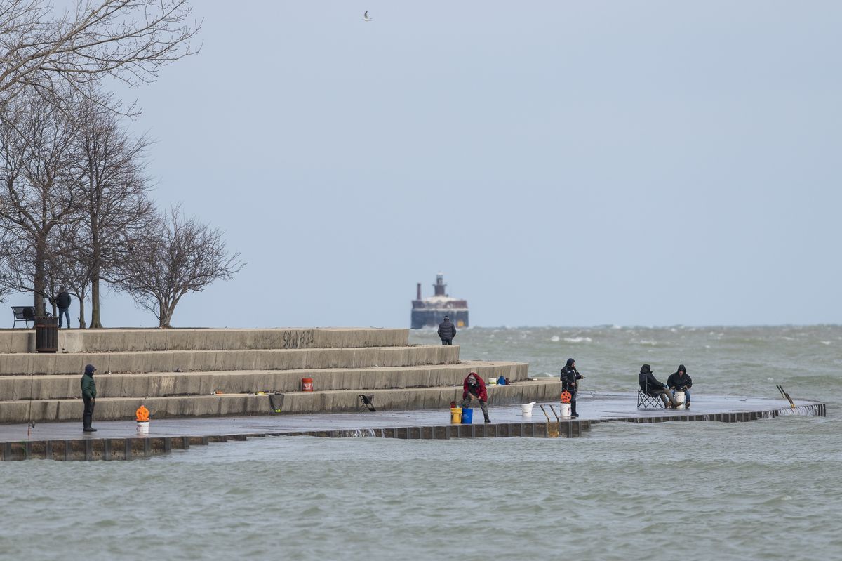 People fish near Montrose Harbor Thursday afternoon.