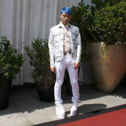 Vegas blogger Steven Strazzullo of <a href="http://lunarcandy.com/"target="_blank">Lunar Candy</a> wearing a 24HRS jacket, a Lip Service top, Hot Topic jeans, Batman boxer, YRU shoes and blue hair dye from Aveda's new Culture Clash collection.