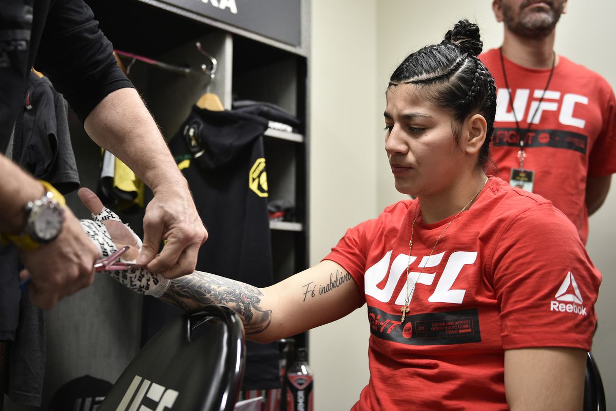 Ketlen Vieira of Brazil has her hands wrapped prior to her bout during the UFC 245 event at T-Mobile Arena on December 14, 2019 in Las Vegas, Nevada.