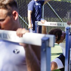 BYU Cougars run drills using hurdles during their first practice of the season in Provo on Thursday, July 27, 2017.