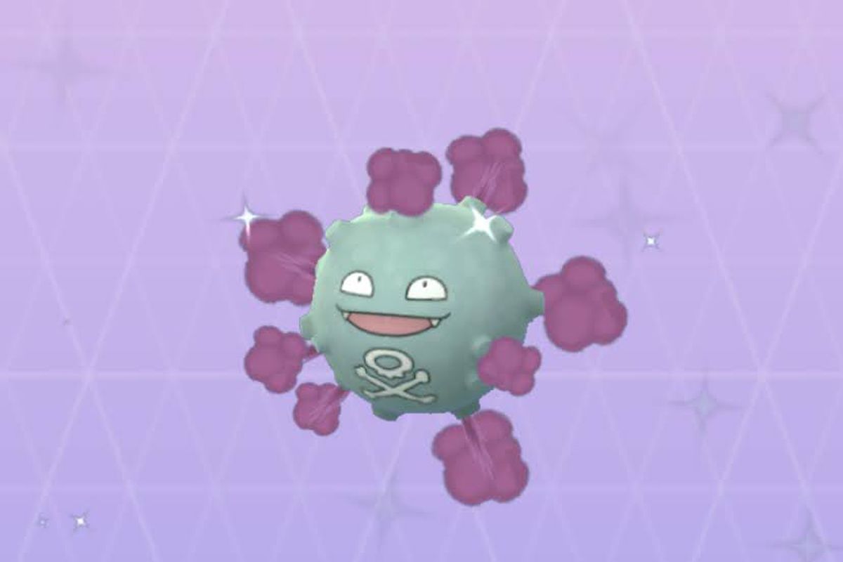 Shiny Koffing puffing out poison gas on a purple background