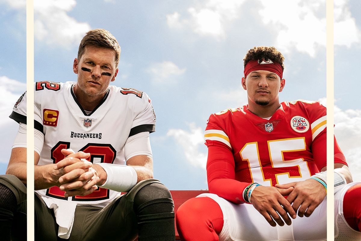 Tom Brady and Patrick Mahomes share the cover of the Madden NFL 22 video game.