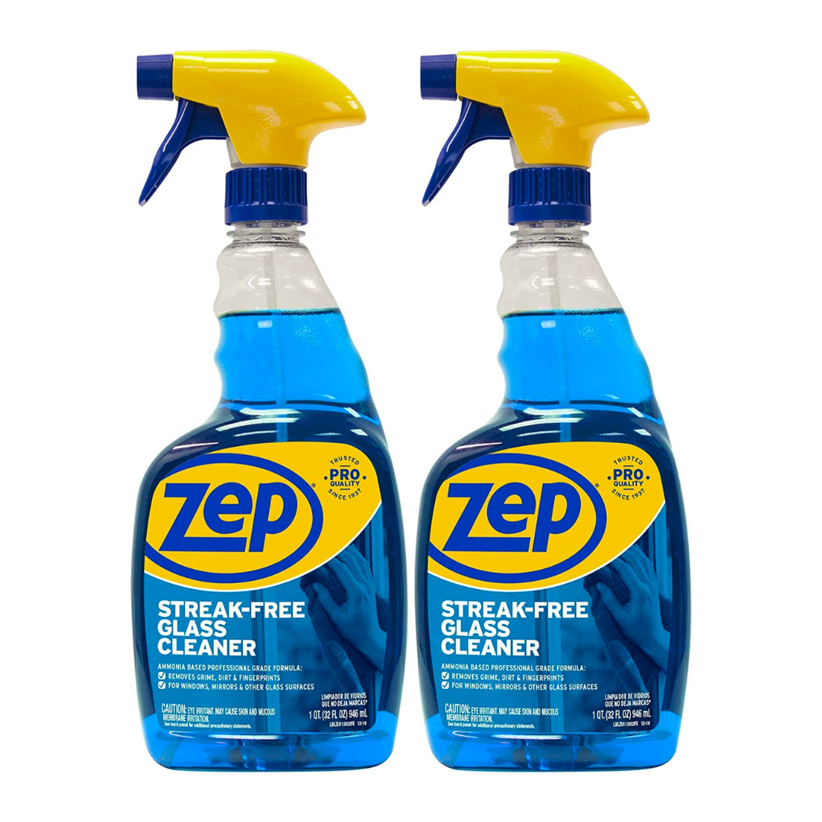 Set of two Zep glass cleaner bottles containing blue solution