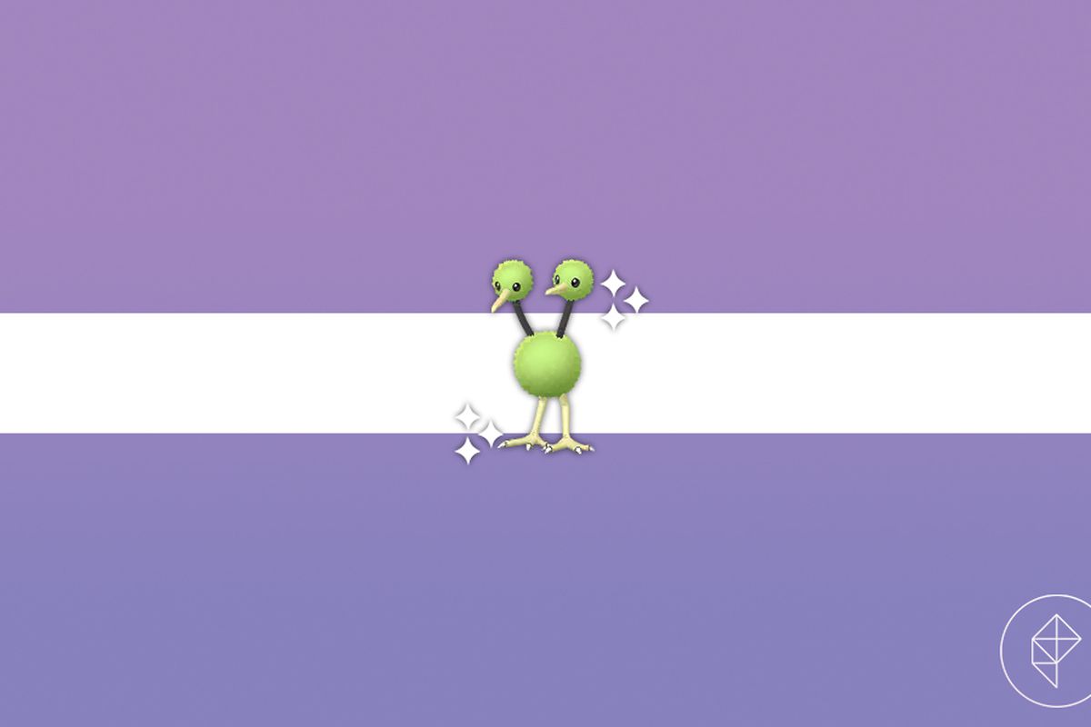 A shiny green Doduo from Pokémon Go on a purple gradient background