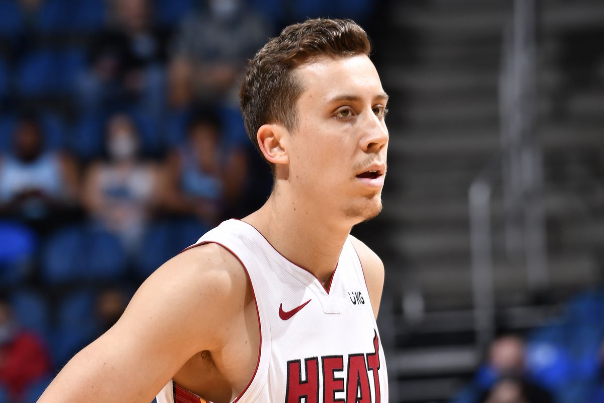 Duncan Robinson of the Miami Heat looks on during the game against the Orlando Magic on December 23, 2020 at Amway Center in Orlando, Florida.