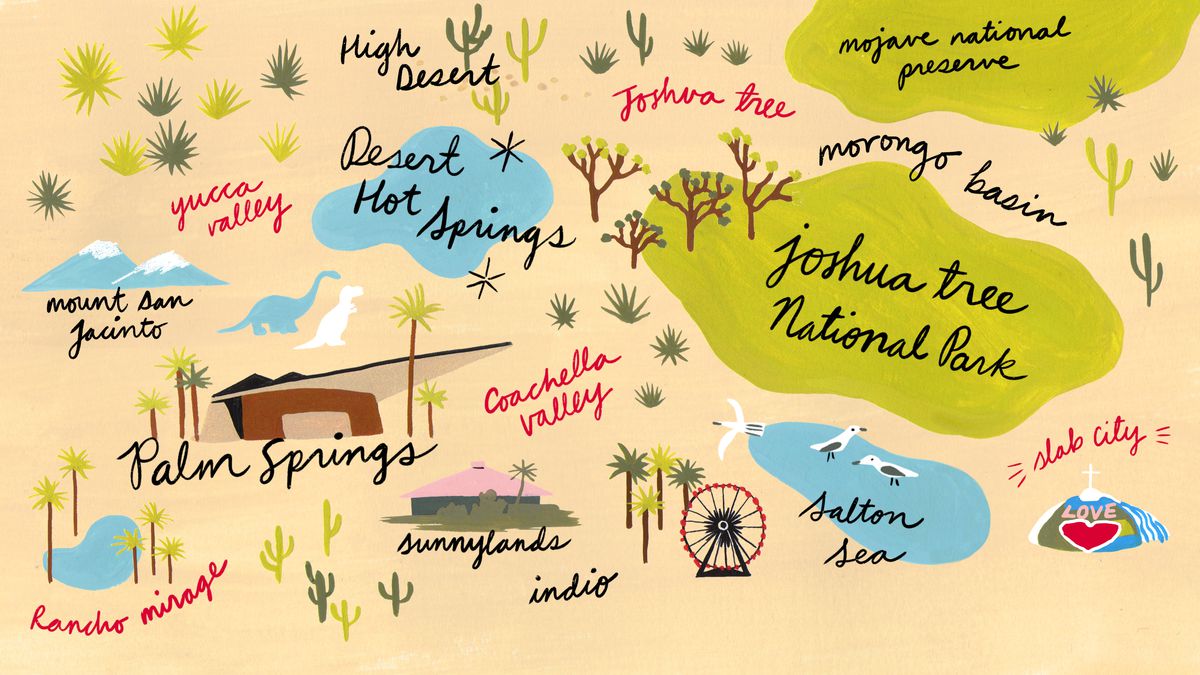 An illustration with the names of various places in the California desert written on it. 
