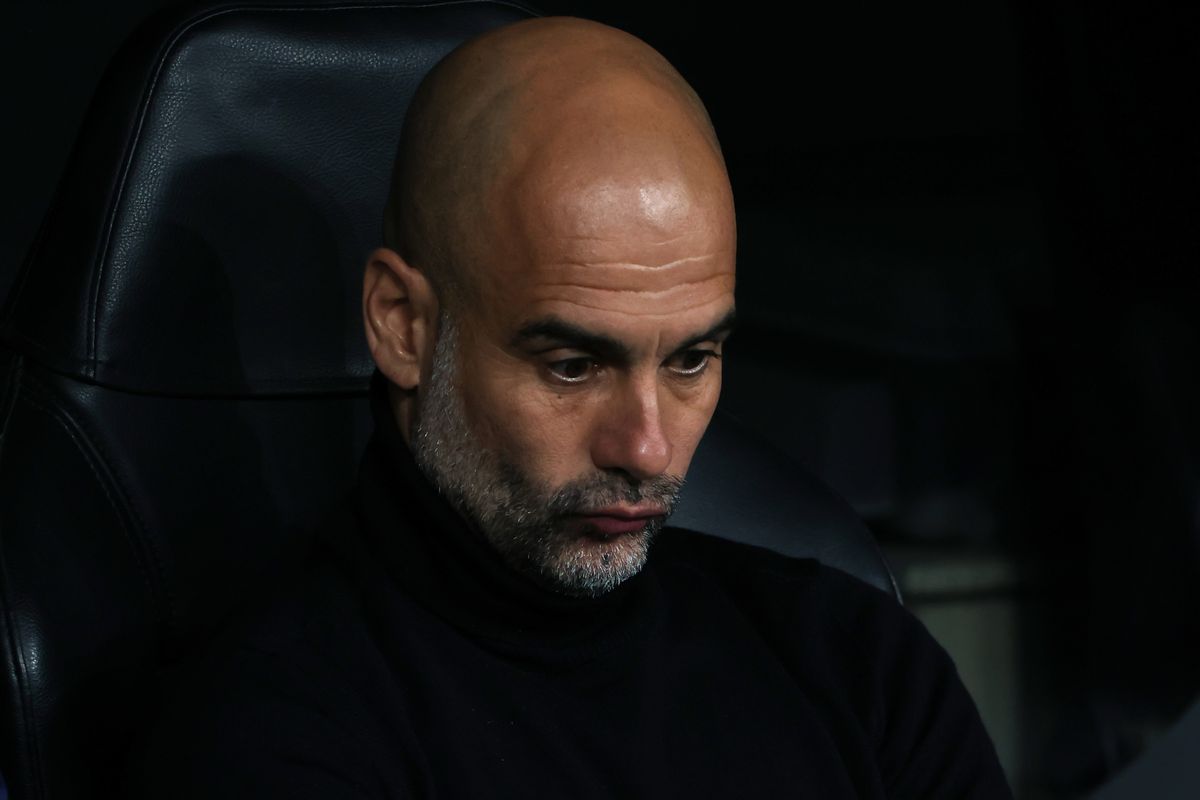Josep Guardiola Manager of Manchester City reacts on the bench prior to kick off in the UEFA Champions League Semi Final Leg Two match between Real Madrid and Manchester City at Estadio Santiago Bernabeu on May 04, 2022 in Madrid, Spain.