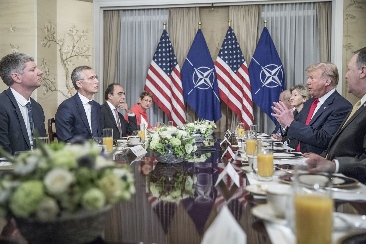 President Donald Trump said Germany was “captive” to Russia and that NATO allies needed to spend more on defense at a July 11, 2018, breakfast with NATO Secretary General Jens Stoltenberg.