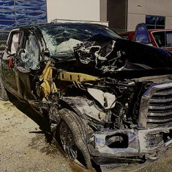 Photograph of the car that six teenagers were driving in when an accident occurred on Oct. 15, 2016.  All six survived the crash with minimal injury and credited seat belts for saving their lives.