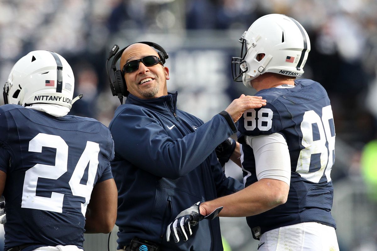 Nov 11, 2017; University Park, PA, USA; Penn State Nittany Lions head coach James Franklin congratulates tight end Mike Gesicki (88) after scoring a touchdown during the fourth quarter against the Rutgers Scarlet Knights at Beaver Stadium. Penn State defeated Rutgers 35-6. Mandatory Credit: Matthew O'Haren-USA TODAY Sports