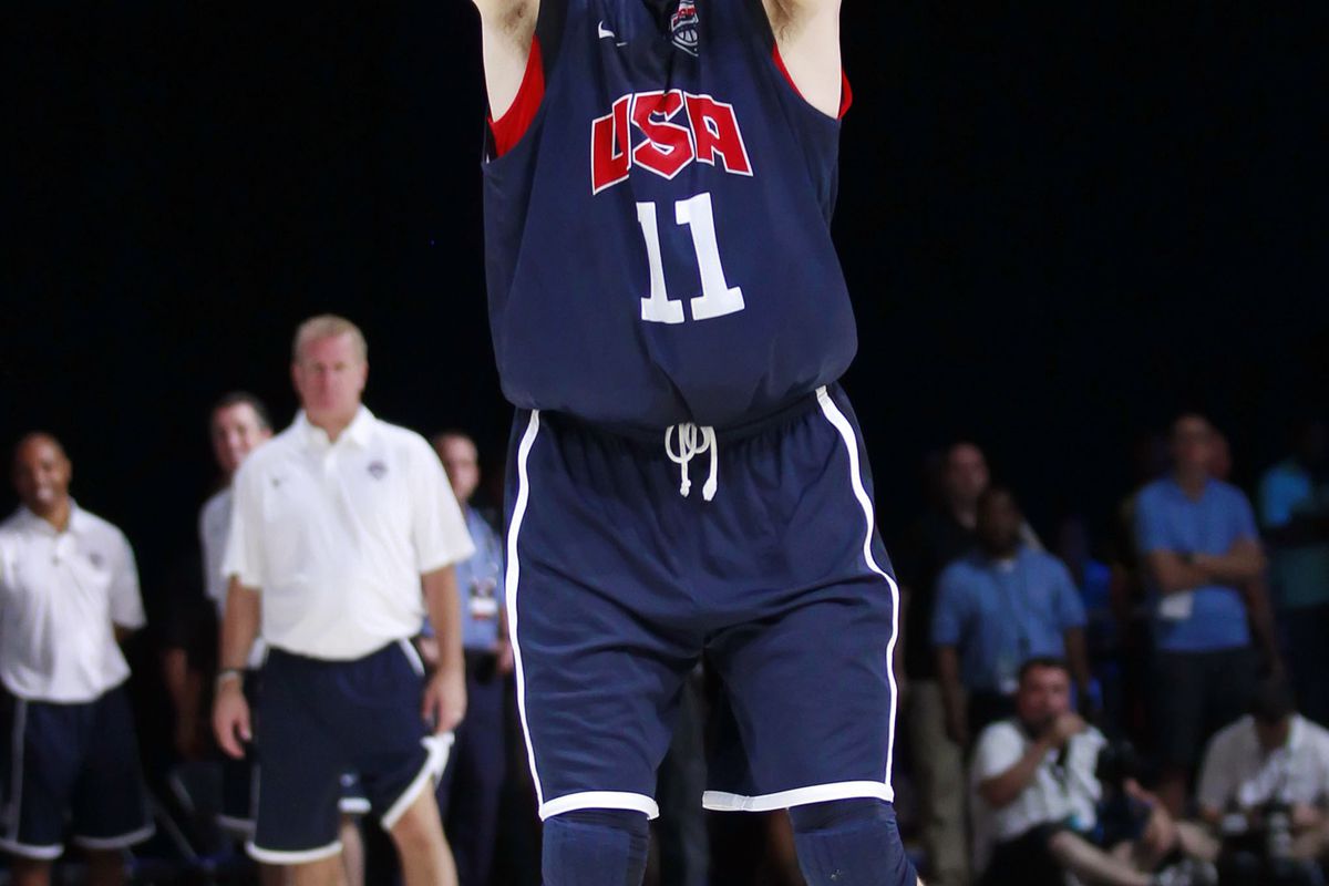 July 14, 2012; Washington, DC, USA; United States forward Kevin Love (11) shoots the ball during USA team training at the DC Armory. Mandatory Credit: Geoff Burke-US PRESSWIRE