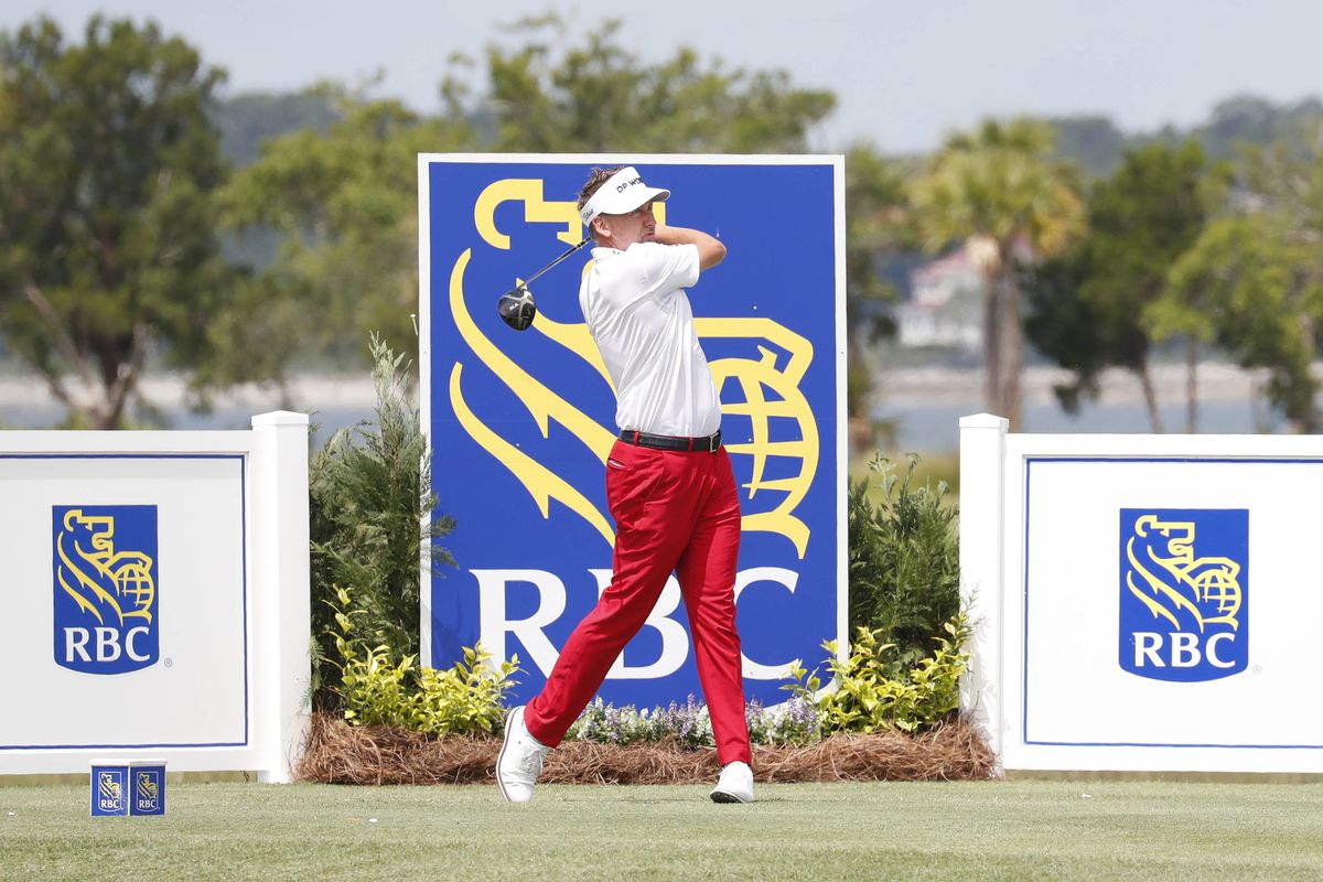 Ian Poulter hits his tee shot on the 18th hole during the first round of the RBC Heritage golf tournament at Harbour Town Golf Links.