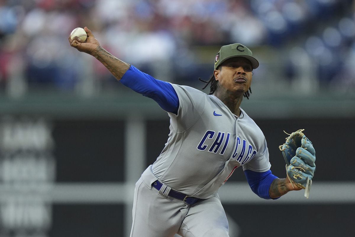 Marcus Stroman #0 of the Chicago Cubs throws a pitch in the bottom of the first inning against the Philadelphia Phillies at Citizens Bank Park on May 19, 2023 in Philadelphia, Pennsylvania.