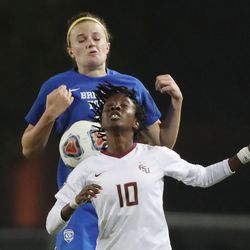 Brigham Young Cougars midfielder Kendell Petersen (16) and Florida State Seminoles Jody Brown (10) compete for the ball during the NCAA national soccer championship at Stevens Stadium at Santa Clara University in Santa Clara, Calif. on Monday, Dec. 6, 2021.