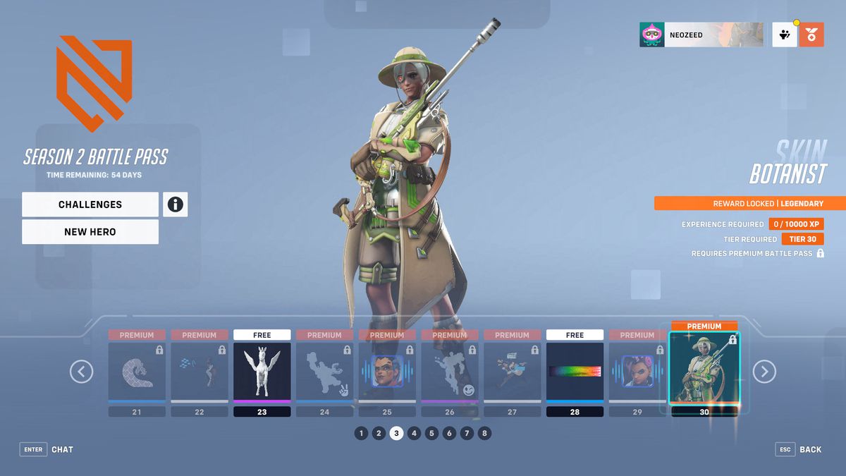 A menu screen for Overwatch 2 showing tiers 21-30 from the season 2 battle pass and Ana’s Botanist skin