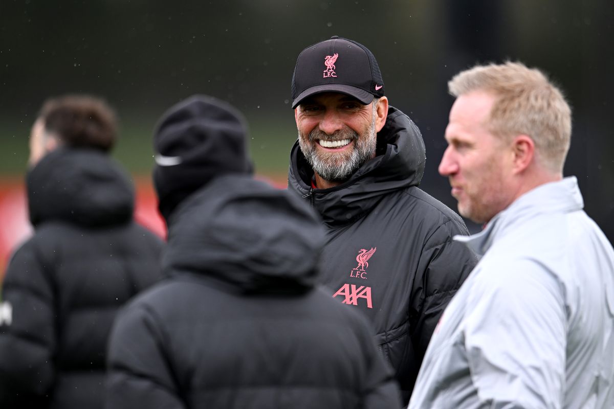 Jurgen Klopp manager of Liverpool during a training session at AXA Training Centre on April 12, 2023 in Kirkby, England.