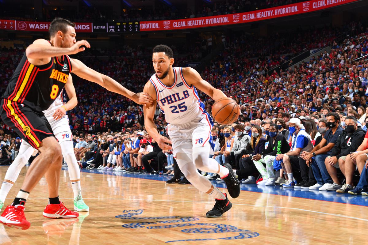 Ben Simmons #25 of the Philadelphia 76ers handles the ball against the Atlanta Hawks during Round 2, Game 7 of the Eastern Conference Playoffs on June 20, 2021 at Wells Fargo Center in Philadelphia, Pennsylvania.&nbsp;