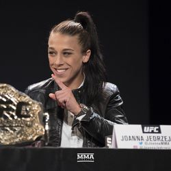 Joanna Jedrzejczyk makes her point at UFC 223 press conference.