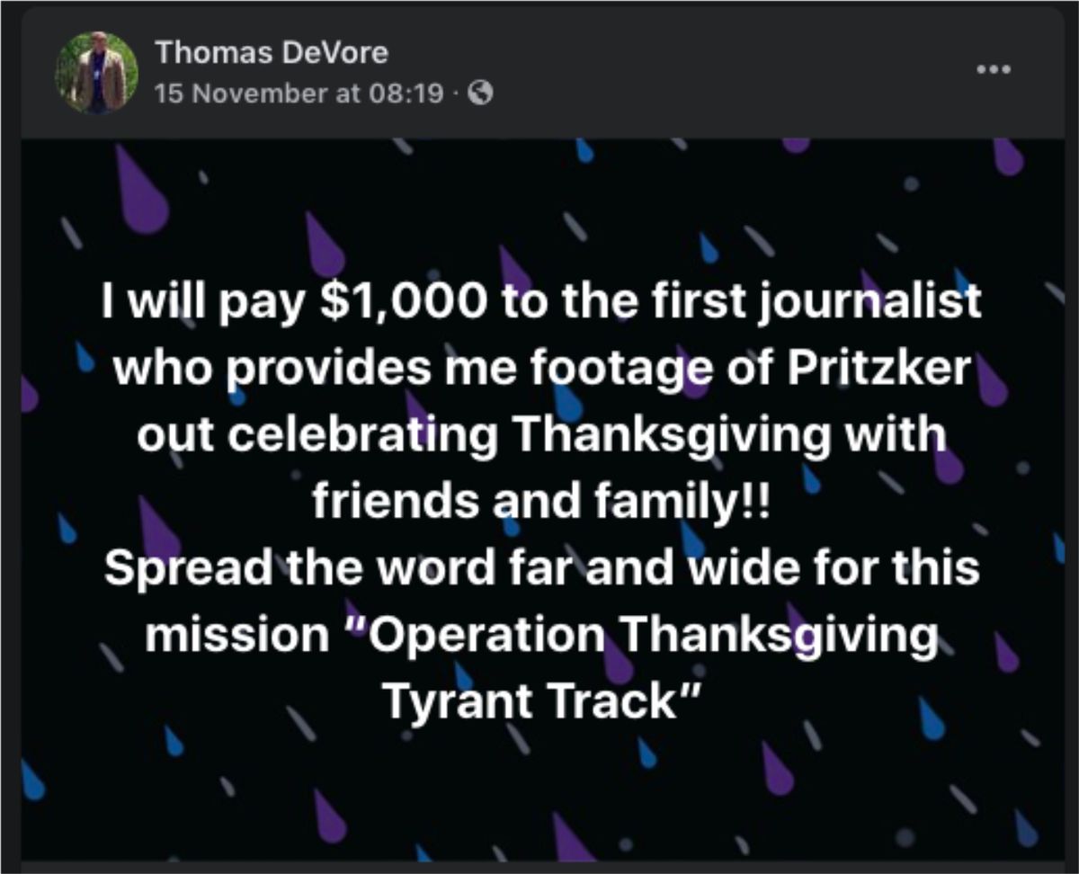 Lawyer Thomas DeVore’s Facebook post that Gov. J.B. Pritzker described as posting a “bounty” to harass the governor on Thanksgiving.