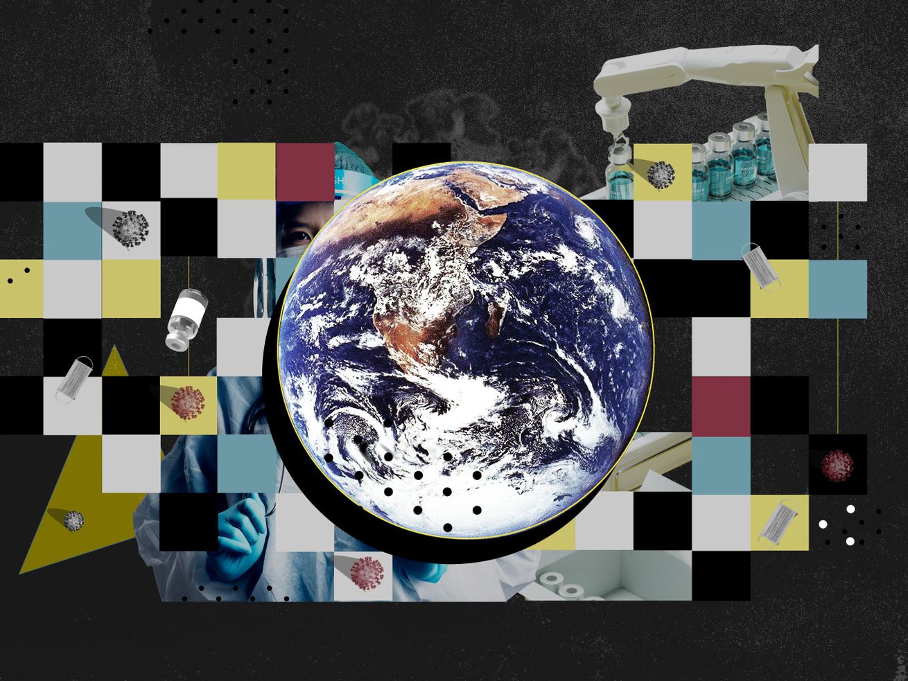 A photo collage of the earth from space against a checkered background with pandemic related imagery.