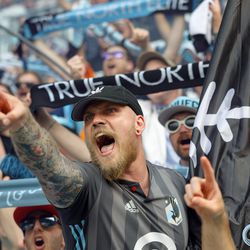 August 4, 2019 - Saint Paul, Minnesota, United States - The Wonderwall celebrates as the final whistle is blown and Minnesota United defeated Portland Timbers 1-0 at Allianz Field.