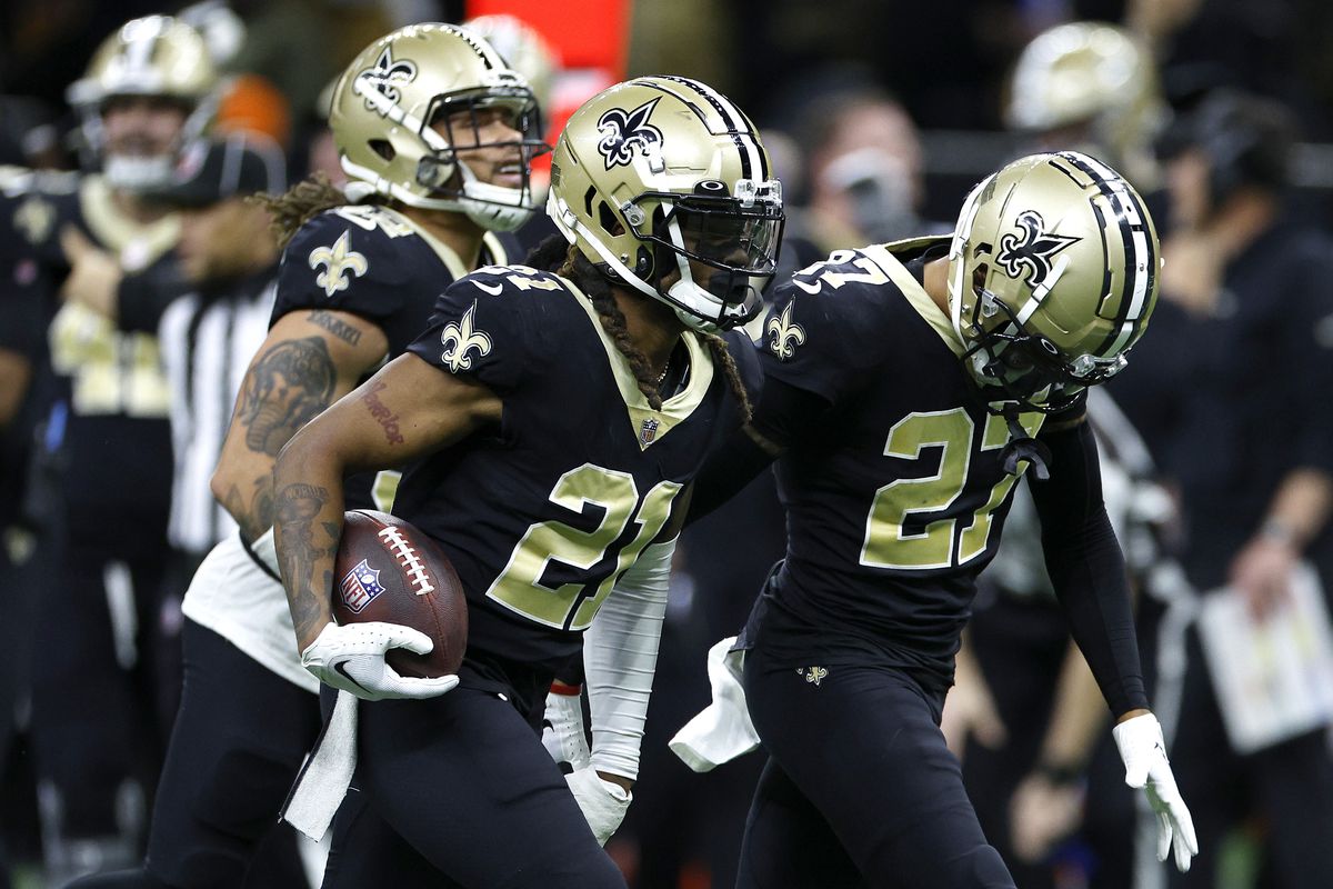 Bradley Roby #21 of the New Orleans Saints celebrates after recovering a fumble during the fourth quarter in the game against the Atlanta Falcons at Caesars Superdome on December 18, 2022 in New Orleans, Louisiana.