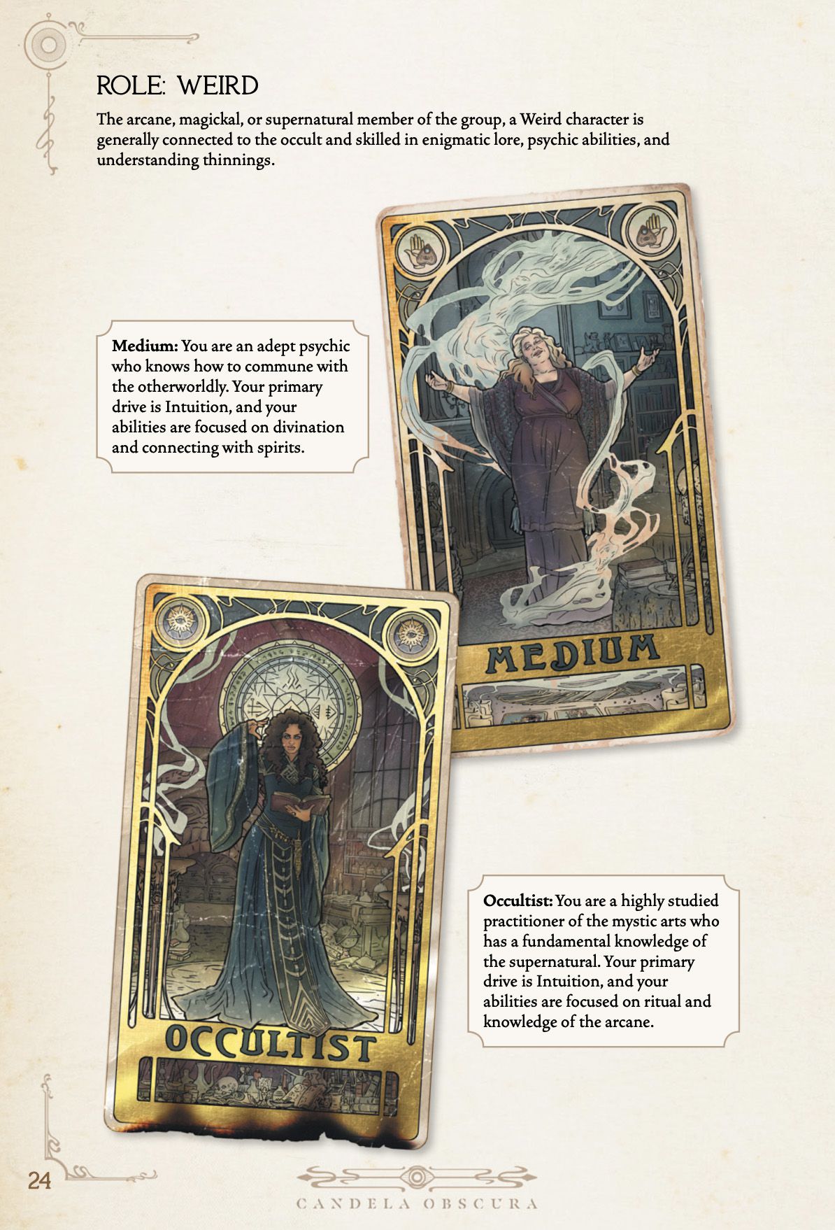 A single page from the Candela Obscura rulebook featuring weird roles, specialties like the medium and the occultist.