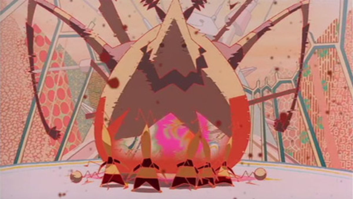 A giant alien-like creature looms over a smaller group of alien-like creatures in front of a psychedelic background.