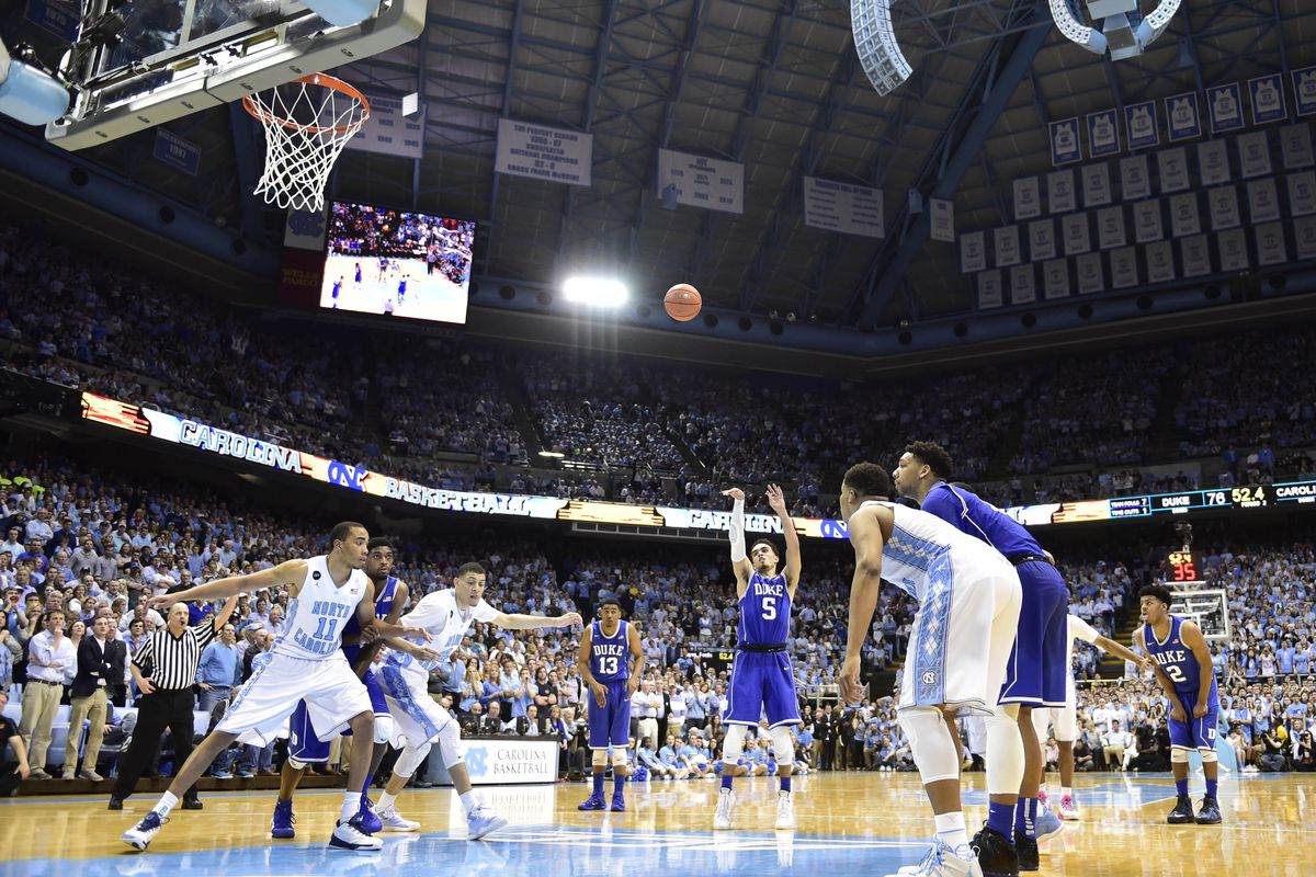 Mar 7, 2015; Chapel Hill, NC, USA; Duke Blue Devils guard Tyus Jones (5) shoots a free throw late in the second half. The Blue Devils defeated the Tar Heels 84-77 at Dean E. Smith Center. 