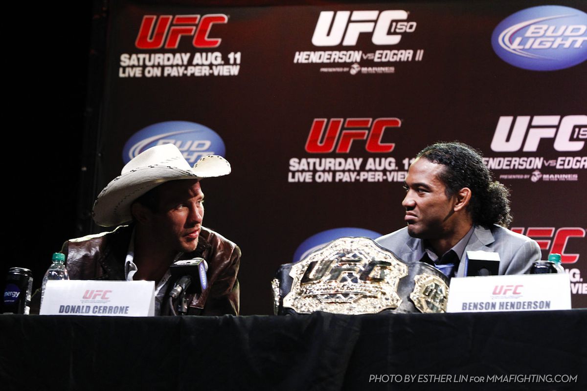 UFC 150 co-main event fighter Donald Cerrone (left) shares a look with UFC lightweight champion Ben Henderson (right). Both men mentioned they wouldn't mind fighting each other sometime in the future. Photo by Esther Lin via MMA Fighting