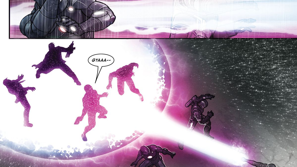 With a KYOOOOOOOOOOOOOOOMMMM, Riri Williams (disguised in the metal suite of the Cobalt Man) blasts a bunch of bad guys with a ray of light from the Ten Rings in Iron Man #24 (2022).
