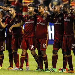 Real Salt Lake forward Juan Manuel Martinez (7) is congratulated by his team after scoring a penalty kick during a U.S. Open Cup game at Rio Tinto Stadium in Sandy, Utah, Tuesday, June 14, 2016.