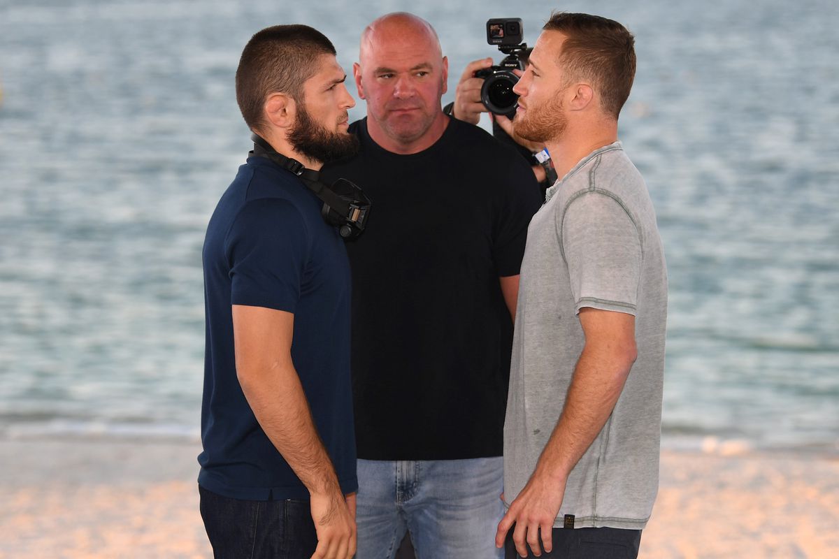 Opponents Khabib Nurmagomedov of Russia and Justin Gaethje face off during the UFC 254 press conference at Yas Beach on October 21, 2020 on UFC Fight Island, Abu Dhabi, United Arab Emirates.