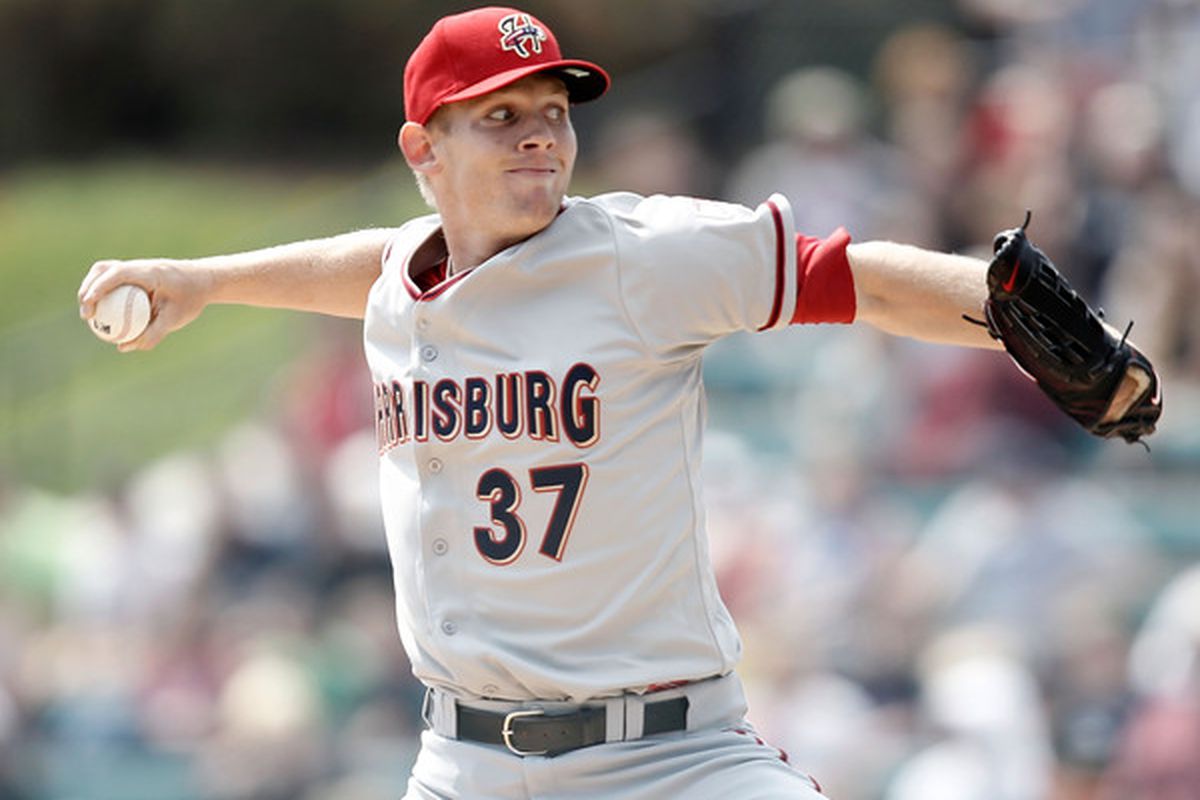 Stephen Strasburg #37 rehabbed with the Harrisburg Senators last season as he recovered from Tommy John surgery. This is the only Harrisburg pic in our archive, thus it's going to have to do. (Photo by Jared Wickerham/Getty Images)