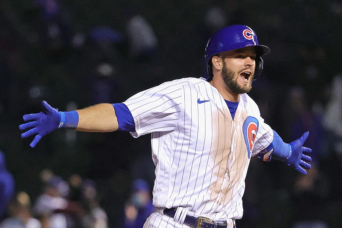 The Cubs’ David Bote celebrates his game-winning hit against the Dodgers.