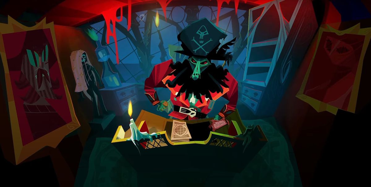 LeChuck from Return to Monkey Island reading a map. He is dressed up like a pirate and you can see his desk lit by a candle as he writes. 