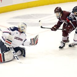 The Colgate Raiders vs UConn Huskies men's college hockey game at the XL Center in Hartford, CT on December 8, 2017.