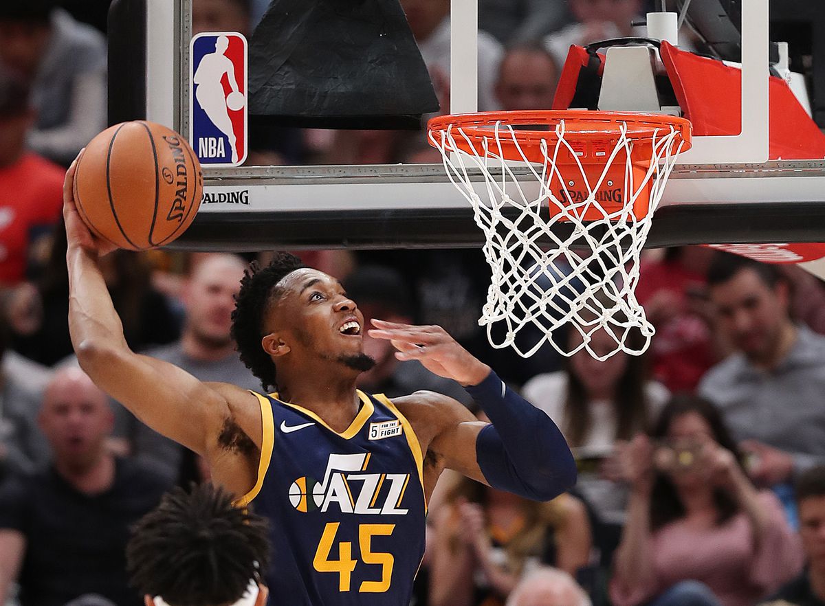 Utah Jazz guard Donovan Mitchell (45) goes up for a dunk as Utah Jazz and the Las Angeles Lakers play at Vivint Smart Home Arena in Salt lake City on Wednesday, March 27, 2019. Utah won 115-100.